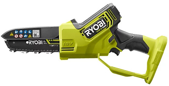 Petite tronçonneuse ryobi sur un fond blanc