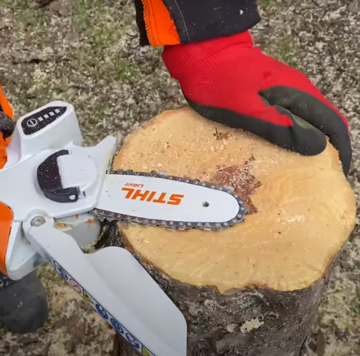 Un jardinier a tronçonné un gros tronc d'arbre à l'aide de sa mini tronçonneuse stihl