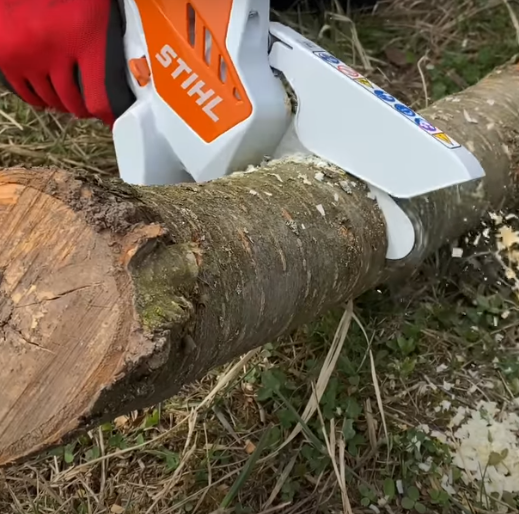 Un jardinier tronçonne une branche d'arbre dure avec la mini tronçonneuse stihl